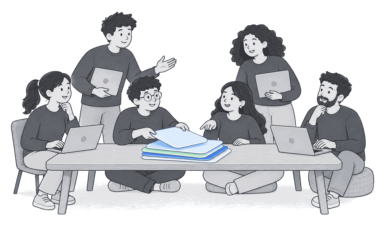 Six teammates gather around a long table, adding soft blue and mint pages to one shared stack.