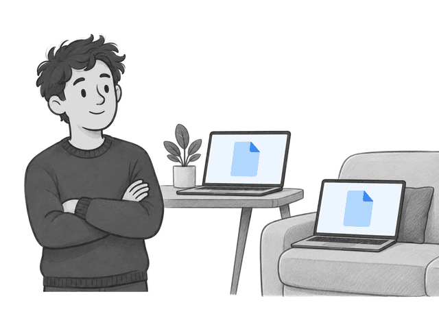 A relaxed person with folded arms beside a work laptop and a home laptop showing the same blue page.