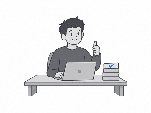 A new teammate smiles at his laptop and gives a thumbs up.
