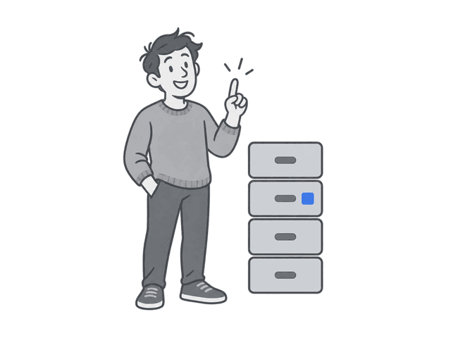 A person raises a finger with an idea beside a tidy set of drawers.
